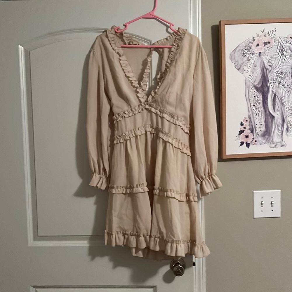 Open back tan ruffle dress